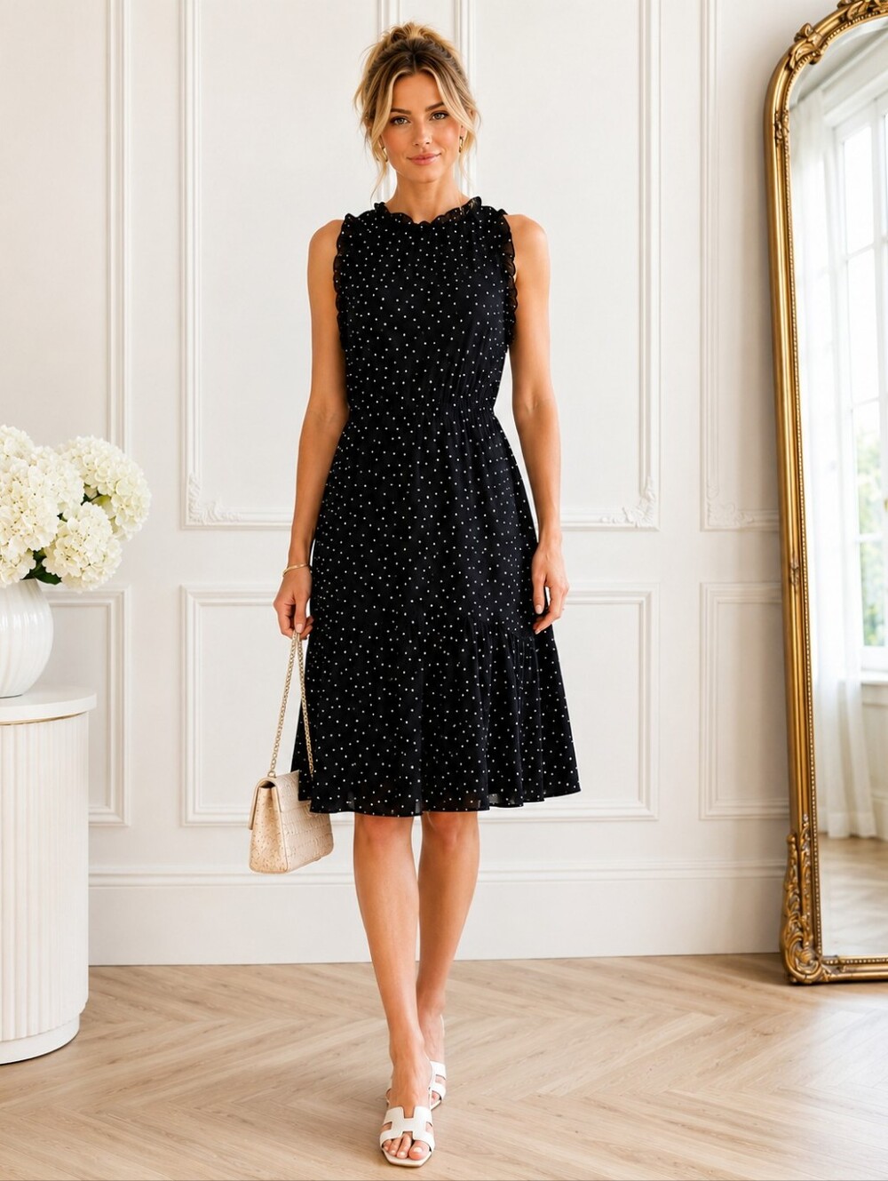 Who What Wear | Black & White Polka Dot Ruffle Dress | Size M | Fit & Flare